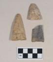 Chipped stone, projectile point, triangular, and two projectile point fragments