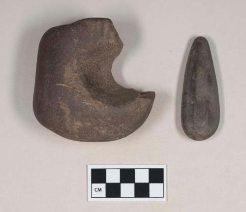 Ground stone, perforated stone fragment; ground stone, teardrop-shaped object, possibly natural