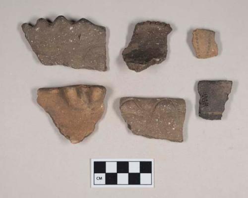 Ceramic, earthenware rim sherds, shell-tempered, one dentate, two with incised rims, one incised, one incised and with molded rim, one with double lugs on rim