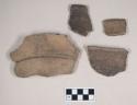 Ceramic, earthenware rim and body sherds, two cord-impressed, one cord-impressed and incised, one incised, shell-tempered