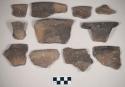 Ceramic, earthenware body, rim, and handle sherds, undecorated, shell-tempered, two molded rims