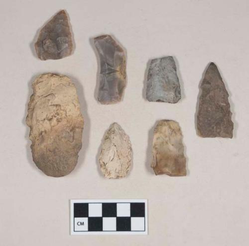 Chipped stone, projectile points, ovate and triangular; chipped stone, biface fragments