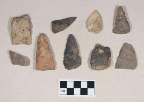 Chipped stone, projectile points, triangular and ovate; chipped stone, biface fragments