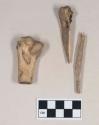 Organic, worked animal bone awl fragments, two fragments crossmend; cut animal bone fragment
