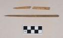 Worked and polished animal bone perforator fragment, possible needle; worked animal bone fragments, one with two perforations, two fragments crossmend