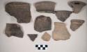 Ceramic, earthenware body, rim, and handle sherds, undecorated, one cord-impressed, one incised, one incised and punctate, one with perforated hole; shell-tempered