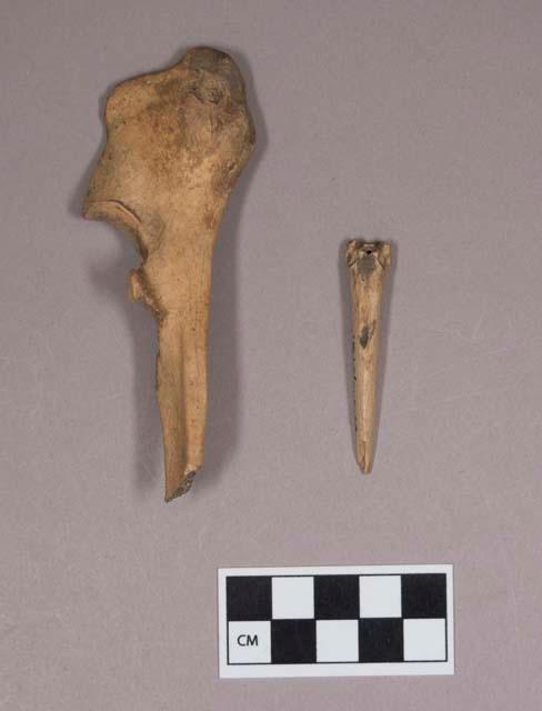 Worked animal bone awl and awl fragment, one made from ulna