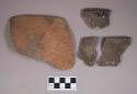 Ceramic, earthenware rim sherds, undecorated, one with dentate rim, shell-tempered; two sherds crossmend; two sherds crossmended with glue