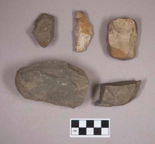 Chipped stone, chipping debris, with cortex; chipped stone, bifacially worked fragments, likely preform, two fragments crossmend