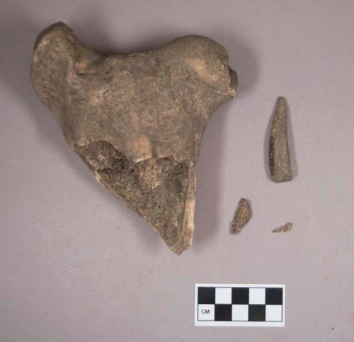 Animal bone fragments, femur; antler fragment, possibly worked