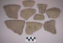 Ceramic, earthenware body and rim sherds, cord-impressed, one incised, one punctate, shell-tempered