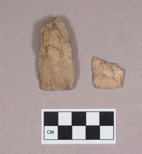 Chipped stone, biface fragment; chipped stone, bifacially worked object, possible preform