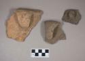 Ceramic, earthenware rim and handle sherds, one undecorated, one incised, one with dentate or impressed decoration on rim and handle, shell-tempered