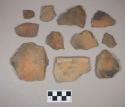 Ceramic, earthenware body and rim sherds, undecorated, one cord-impressed, grit-tempered; five sherds crossmend