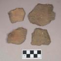 Ceramic, earthenware body sherds, cord-impressed, two possibly cord-impressed and incised, one too worn to identify possible decoration, two shell-tempered, two grit-tempered