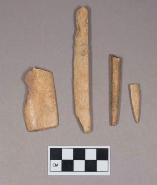 Worked animal bone fragments, including two awl fragments