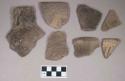 Ceramic, earthenware rim and body sherds, one with handle or lug, incised, one incised and punctate, one incised and cord-impressed, shell-tempered