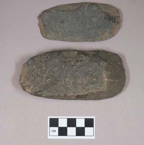 Ground stone, adze, possible preform; ground stone, ovoid fragment, partially perforated