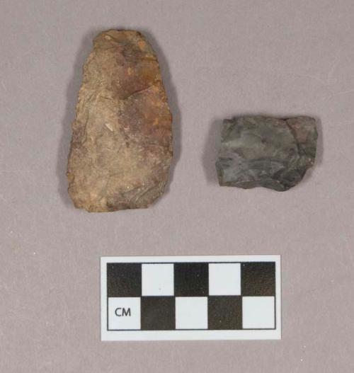 Chipped stone, biface, ovate; chipped stone, biface fragment