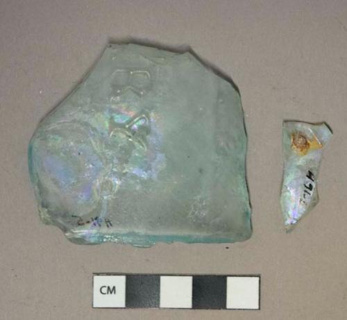 Aqua glass vessel fragments, 1 embossed with "[...]RY"