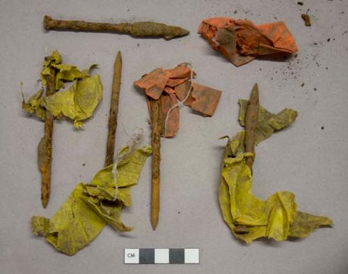 Ferrous metal nails with yellow and orange plastic flagging and white cotton string, likely from earlier excavation
