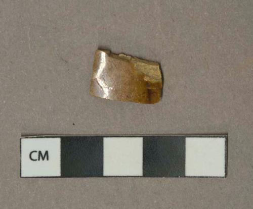 Brown mottled lead glazed earthenware vessel body fragment, buff paste, likely rockingham type