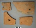 Red brick rooftile fragments, 3 with nail holes, visible temper