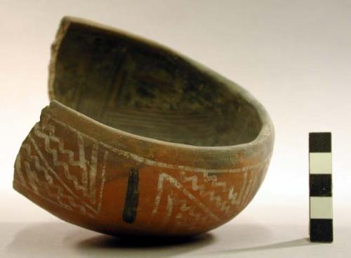Ceramic bowl, partial, possibly from ladle, polychrome decoration, fire clouded