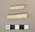 White undecorated kaolin pipe stem fragments, 1 stem with 8/64" bore diameter, 1 stem with 5/64" bore diameter