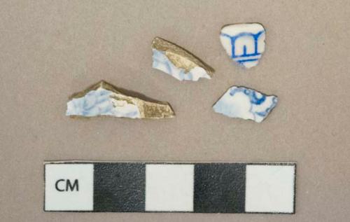 Blue on white transferprinted whiteware vessel body fragments