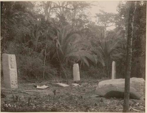 Stelae A, B, C, and Sculpture B