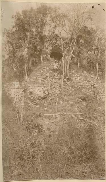 Man standing on structure covered in vegetation, possibly in Xkichmook