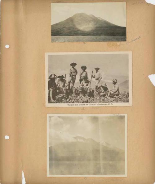 Volcanoes surrounding Lake Atitlan; postcard of people on crater of Volcano Atitlan