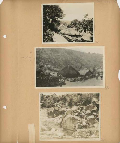 Villages with thatched-roof buildings; people climbing over a large rockfall