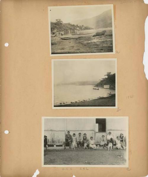 Boats on shore, and group in front of a building