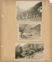 People along road; canoes in lake; two people carrying bundles on road