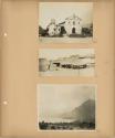 A church; thatched-roof buildings; shore of Lake Atitlan