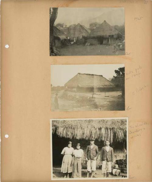 Thatched-roof buildings; the alcalde and secretary with their wives