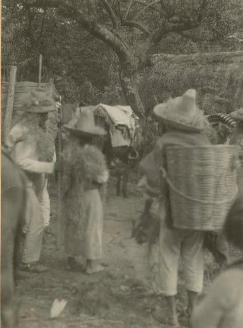 Group with bundles, basket and pack animal