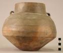Pottery Vessel-2 small handles; decoration insets of 3 incised lines; grey and b