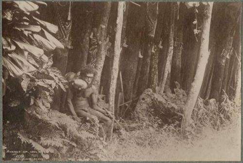 Man sitting in front of trees with carved and painted trunks