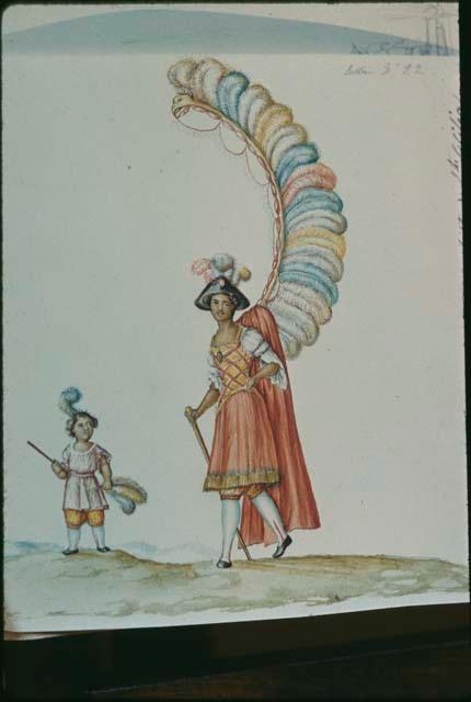 Watercolor from the Juan Galindo Papers in the Bibliotheque Nacionale, titled: People of Ciudad Vieja dressed for festival of Santa Cecilia