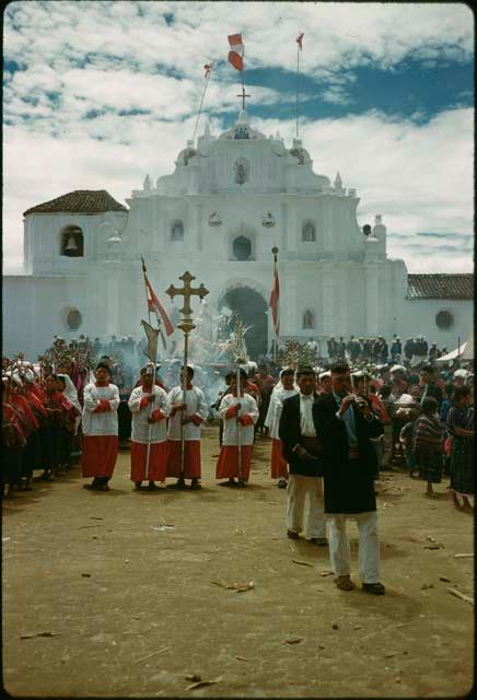 Fiesta of patron saint John, start of procession with silver standards, in front of church