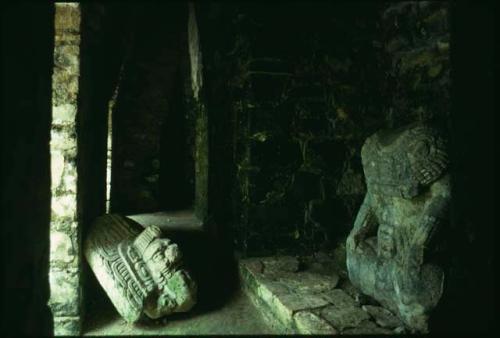 Yaxchilan, head and body of statue brought inside