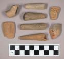 Ceramic, earthenware, pipe stem, elbow, and bowl fragments with impressed decoration