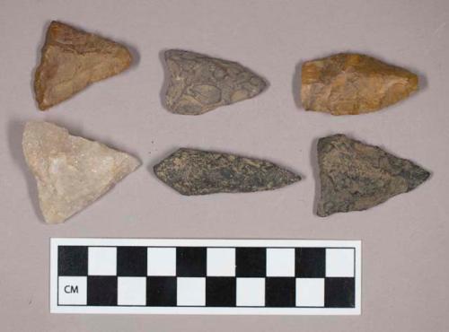 Chipped stone, stemmed, lanceolate, and triangular bifaces