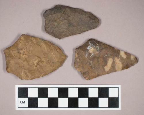 Chipped stone, straight base, contracting stem, lanceolate and triangular bifaces