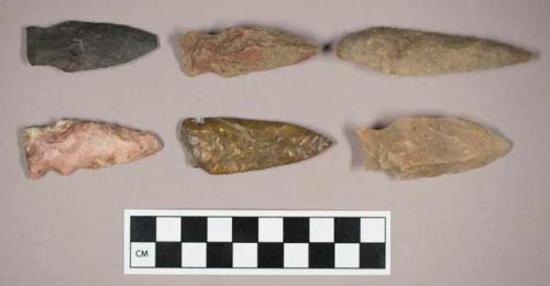 Chipped stone, stemmed and side-notched, lanceolate and triangular bifaces