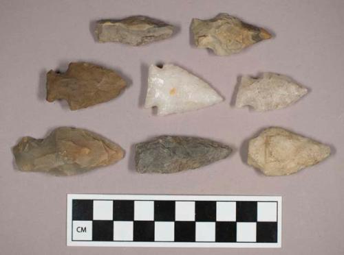 Chipped stone, stemmed, corner-notched, and side-notched, lanceolate and triangular bifaces