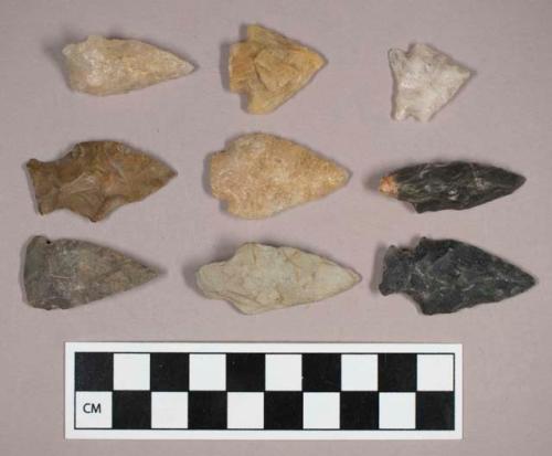 Chipped stone, stemmed, side-notched, and corner-notched, lanceolate and triangular bifaces